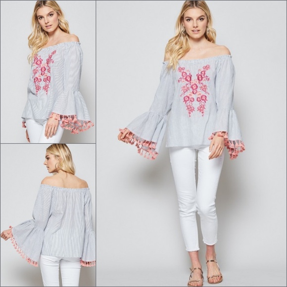 Off Shoulder Bell Sleeve Embroidered Top - Picture 3 of 6